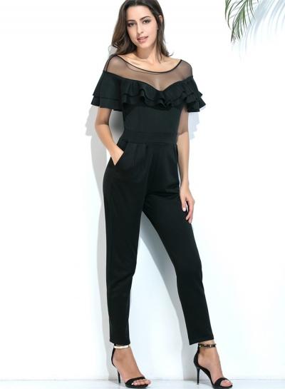 Oasap Short Sleeve Mesh Ruffles Pockets Jumpsuit