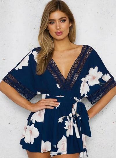 Oasap V Neck Half Sleeve Lace Panel Floral Print Romper