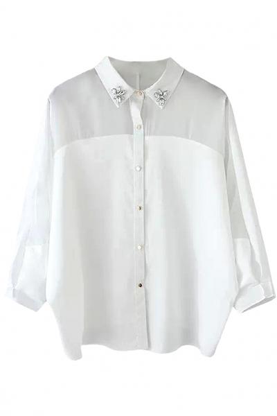 Oasap White Semi-sheer Bejeweled Collar Shirt