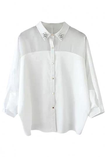 Oasap White Semi-sheer Bejeweled Collar Shirt