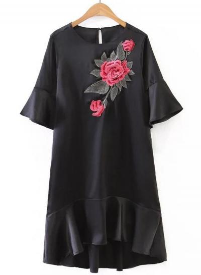 Oasap Round Neck Floral Embroidery Dresses