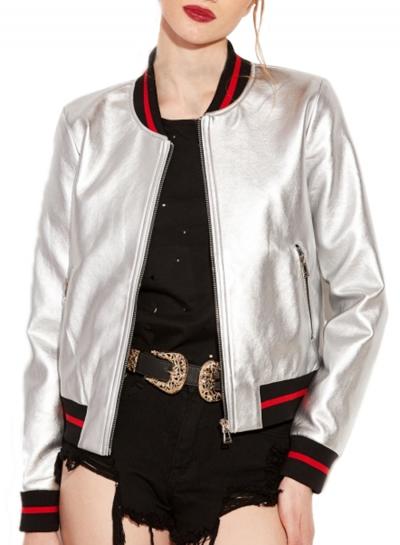 Oasap Women's Color Block Band Collar Bomber Jacket
