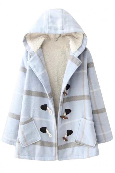 Oasap Sweet Plaid Pattern Toggle-front Hooded Coat