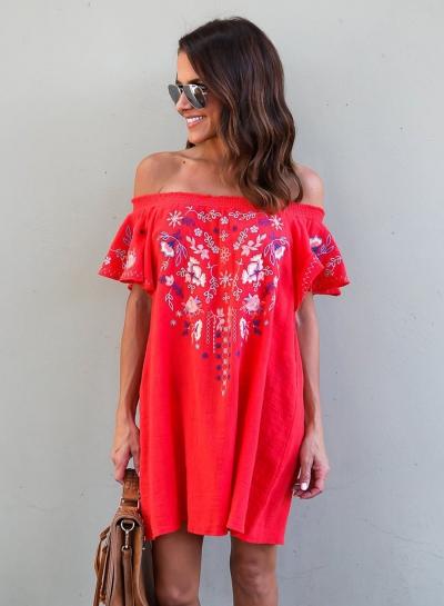 Oasap Slash Neck Flounce Sleeve Floral Embroidery Mini Dress
