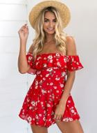 Oasap Off Shoulder Chiffon Ruffle Wide-leg Romper