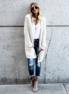 Oasap Solid Color Open Front Long Sleeve Hooded Cardigan Sweater