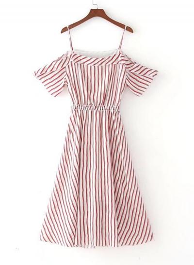 Oasap Spaghetti Strap Short Sleeve Striped Dresses