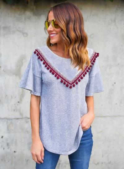 Oasap Short Sleeve Loose Fit Tee With Pom Pom