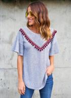 Oasap Short Sleeve Loose Fit Tee With Pom Pom