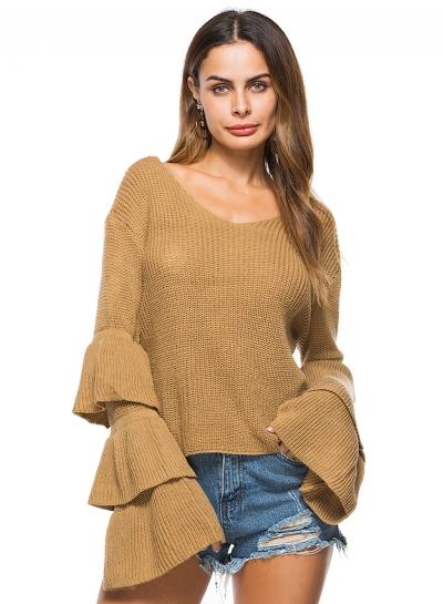 Oasap V Neck Flare Sleeve Slim Fit Solid Color Knit Sweater