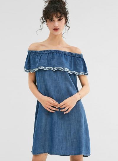 Oasap Fashion Off Shoulder Ruffle Denim Dress
