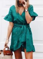 Oasap V Neck Flare Sleeve Ruffle Mini Irregular Party Dress