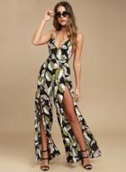 Oasap Spaghetti Strap Leaves Print Backless Jumpsuit