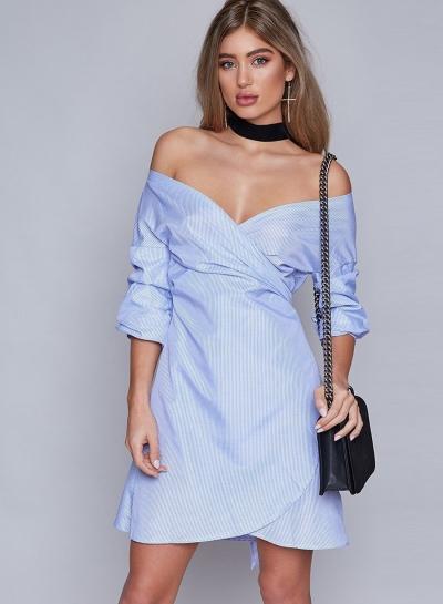 Oasap Deep V Neck Three Quarter Length Sleeve Striped Dress
