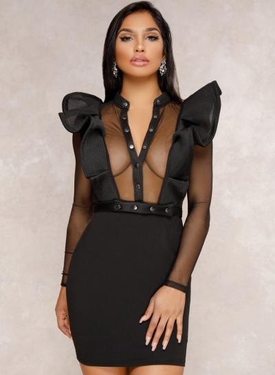 Oasap Fashion Sexy Mesh Splicing Ruffle V Neck High Waist Bodycon Dress