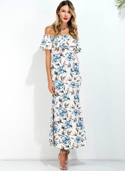 Oasap Slash Neck Floar Printed Dresses