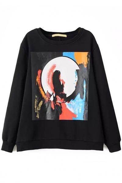 Oasap Fancy Graphic Print Black Sweatshirt