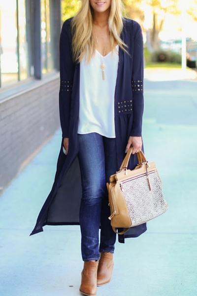 Oasap Modern Navy Studded Open Front Chiffon Coat