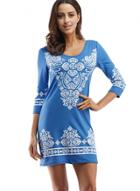 Oasap Round Neck 3/4 Sleeve Print Slim Fit Dress