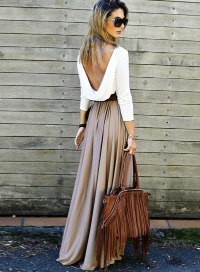 Oasap Long Sleeve Backless Contrast Maxi Dress