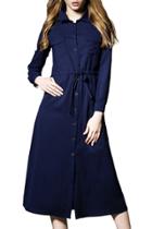 Oasap Women Fashion Lace-up Waist Long Sleeve Button Front Shirt Dress
