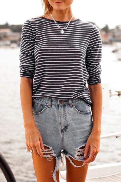 Oasap Fashion Stiped Long Sleeve Tee