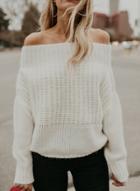 Oasap Off Shoulder Long Sleeve Loose Solid Knit Sweater