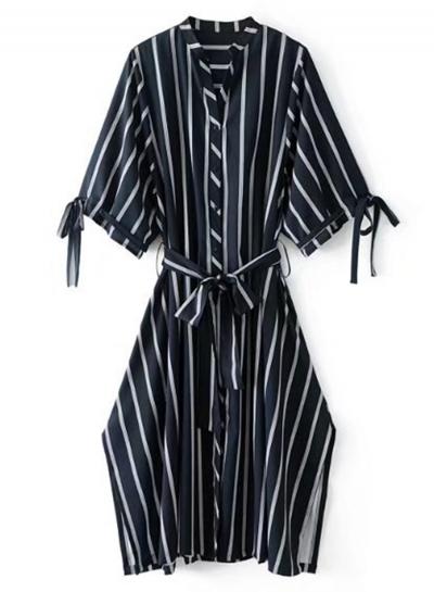 Oasap Stand Collar Striped Lace Up Dress