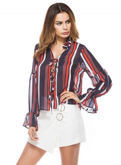 Oasap V Neck Flare Sleeve Lace Up Striped Blouse