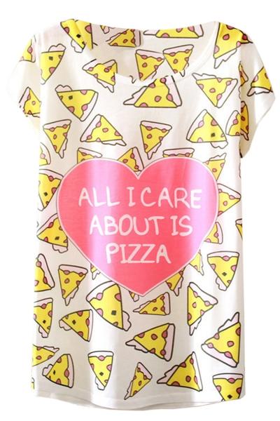 Oasap Cartoon Pizza Print Cap Sleeve Loose Fit Tee