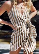 Oasap Summer Striped Beach Spaghetti Strap V Neck Waist Cross Lace-up Mini Dress