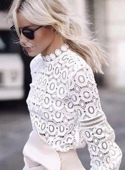 Oasap Lantern Sleeve Hollow Out Lace Blouse