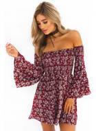 Oasap Off Shoulder Flare Sleeve Floral Printed Dress