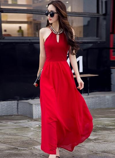 Oasap Halter Sleeveless Backless Maxi Dress With Necklace