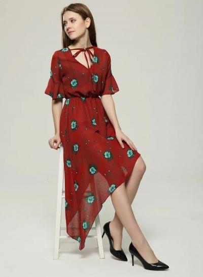 Oasap V Neck Floral Print Irregular Dress