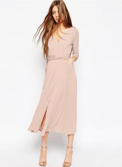 Oasap V Neck Long Sleeve Solid Color Slit Dress