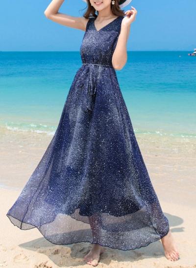 Oasap Bohemian V Neck Star Print Slim Chiffon Maxi Dress