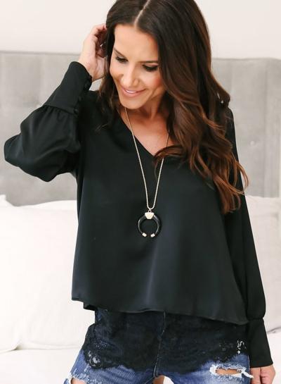 Oasap V Neck Long Sleeve Lace Chiffon Blouse