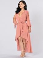 Oasap Deep V Neck Long Sleeve Solid Color Asymmetric Design Dress