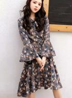Oasap Flare Sleeve Floral Printed High Low Dress
