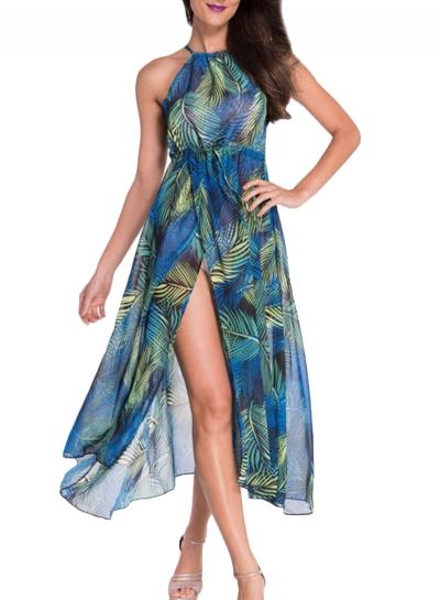 Oasap Women's Halter Sleeveless Peacock Feathers Print Midi Dress