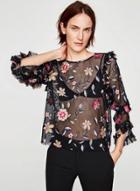 Oasap ' Round Neck Long Sleeve Floral Embroidery Blouse