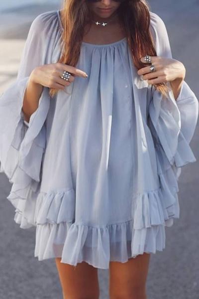 Oasap Fashion Flare Sleeve Flouncing Hem Blouse