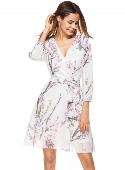 Oasap V Neck Long Sleeve Floral Print Dress With Belt