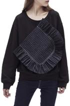 Oasap Women's Fashion Black Flounce Trim Oversized Pocket Sweatshirt
