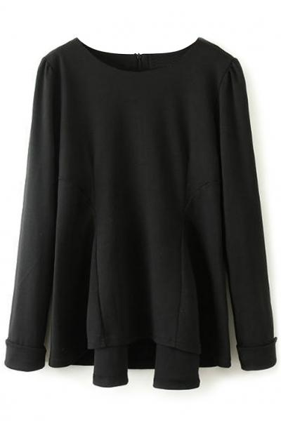 Oasap Stylish Solid Long-sleeve Flounced-hem Sweatshirt