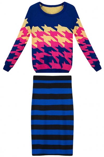 Oasap 2pcs Royal Blue Sweater Knit Skirt Matching Set
