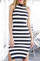 Oasap Navy White Striped Print Knitted Dress