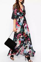Oasap 3/4 Sleeve Baroco Style Surplice Midi Dress