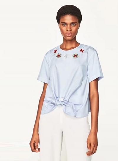 Oasap Round Neck Hand-sewing Stone Detail Blouse